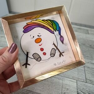 Rainbow Snowball Snowman Watercolor Art Gold Frame 4.5" Square Decor Cottagecore